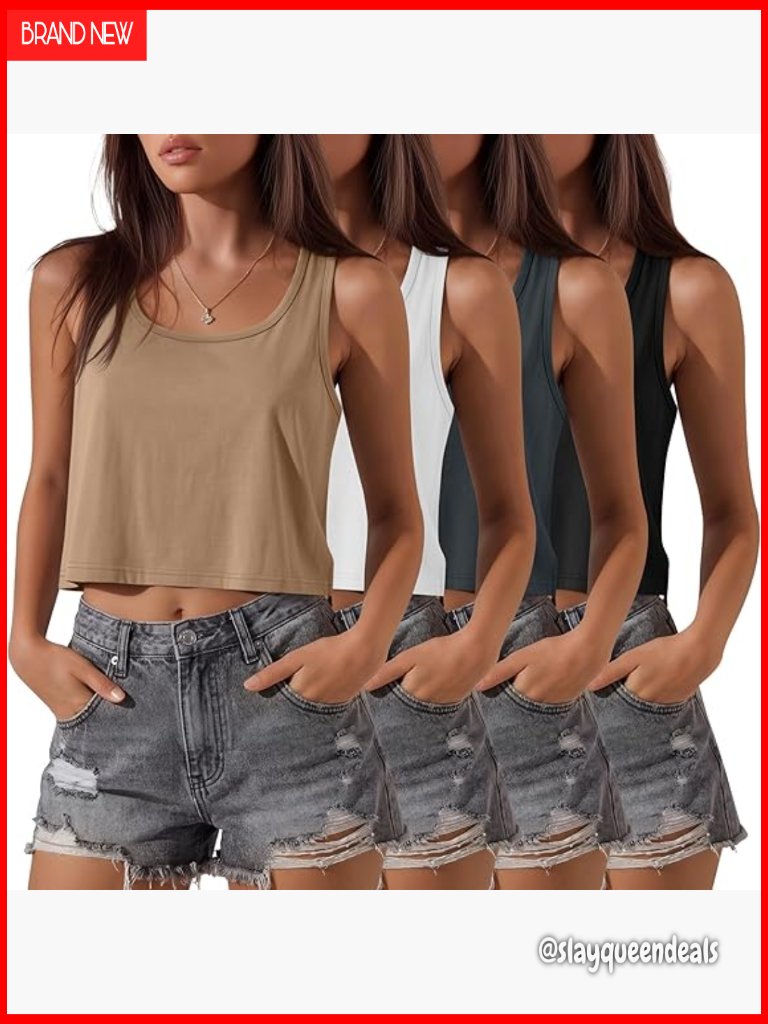 4 Pack Women's Crop Tank Tops Loose Fit Scoop Neck Sleeveless Summer Tees